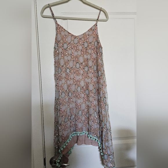 Anthropologie Raga Amalfi Sequin Pom Pom Tan Chiffon Swing Midi Dress, EUC, XS - Picture 5 of 5